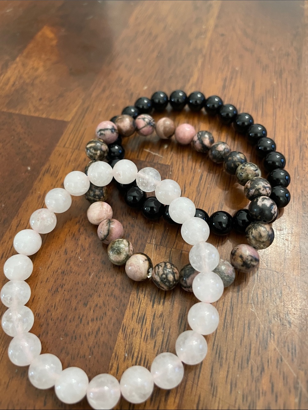 Three-Piece Women's Stone Bead Bracelet Set - Black, Pink, White